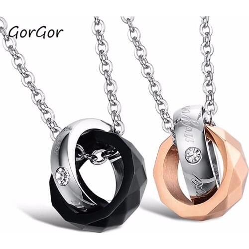 GorGor Japanese And Korean Stylish Jewelry Black Rose-gold Chain Double-ring Pendant Titanium Couple Necklaces 557