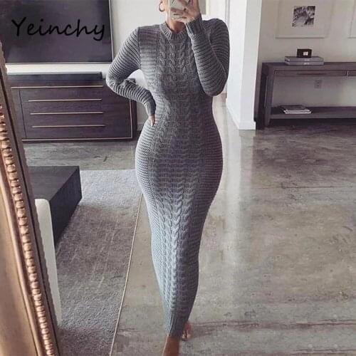 Yeinchy women fashion O neck long sleeve thick and big stretch sweater autumn winter bodycon sweater 130cm length dress FM6232