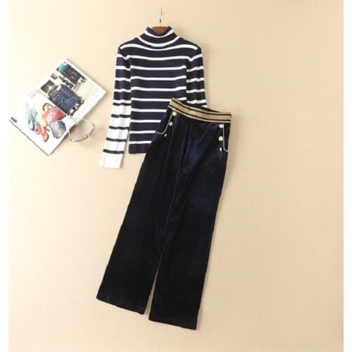 High Quality Womens Set 2021 Autumn Winter Sweater Suit Woman Turtleneck Knitted Pullover+Golden Striped Velvet Pant Set Female