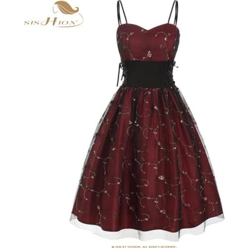SISHION knitted dresses with embroidery womens high waist elegant retro party dress SP1415