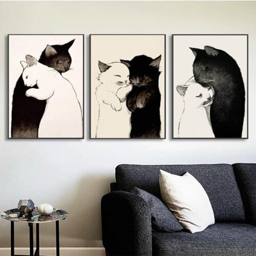 Animals Cute Black White Cat Wall Art Canvas Painting Nordic Posters and Prints Wall Pictures for Living Bedroom Home Decoration