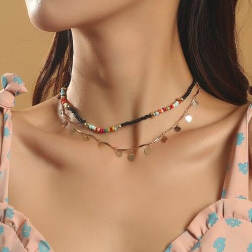 2 Pcs/Set Beach Style Trendy Female Black Glass Beaded Chain Necklaces For Women Fashion Gold Color Metal Heart Pendant Necklace