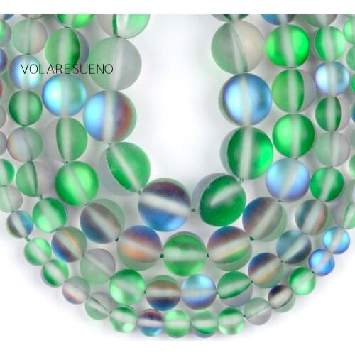 6/8/10/12mm Natural Austria Green Matte Rainbow Stone Beads Glitter MoonStone Beads For Jewelry Making DIY Needlework Bracelet