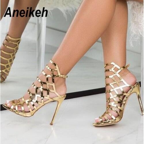 Aneikeh 2020 Fashion Night Club Sexy Hollow Out Super High Heel Womens Sandals Patent Leather Gladiator Golden Party Shoes 35-40