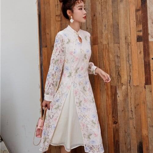 Improved Cheongsam Spring New Big Swing Dress Retro Long Temperament Flower Skirt Long Sleeve Mesh Dress