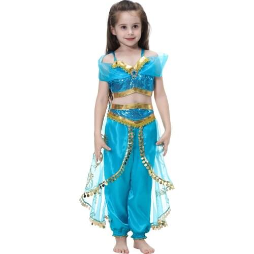 Girls Jasmine Summer Dress Up Kids Sequined Flower Printed Arabian Princess Costume Children Halloween Cosplay Fancy Pants