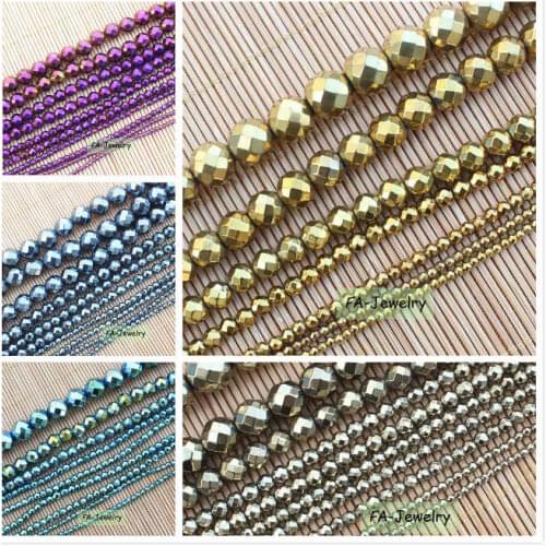 Faceted Natural Hematite plated color 2-12mm Round Beads 15inch per strand