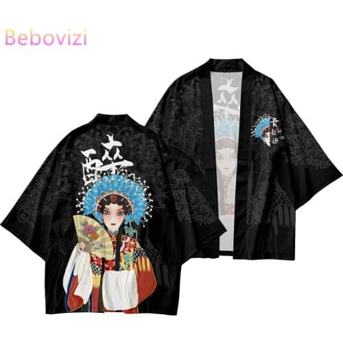 Plus Size XS-6XL Fashion China Fengjing Opera Print Beach Japanese Kimono Robe Sets Cardigan Men Yukata Haori Womens Clothing
