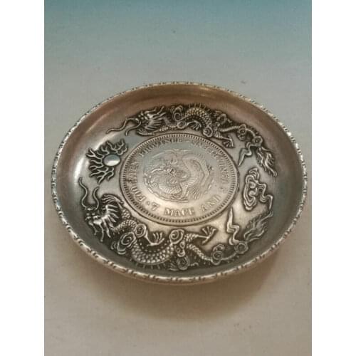 Collectible Decorated Old Handwork Miao Silver Carved Dragon Phoenix Plate