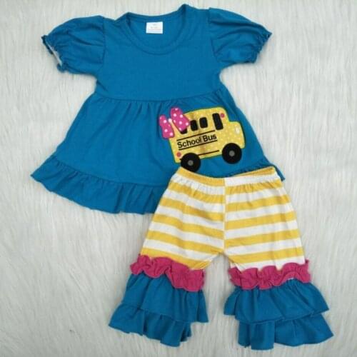 2020 Back To School Girl Outfit Summer Kids Boutique Clothing School Bus Embroidery Tunic Design Long Pants Suit Kid Clothing