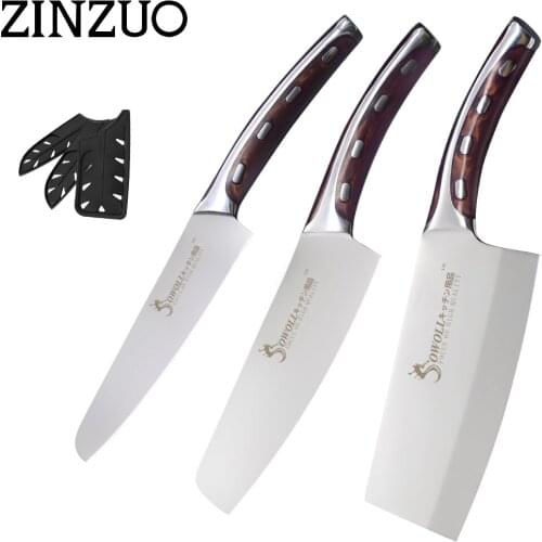 Sowoll 5,6,7 Inch 4CR14 Stainless Steel Kitchen Knife Set Chopping Chef Utility Knife Color Wood Bending Handle Slicing Cleaver