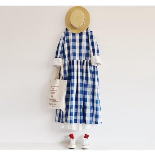 New design linen Plaid Dress with white sleeves cotton and linen with short sleeves 0406