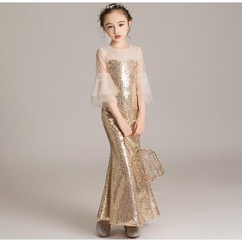 Gold Sequins Mermaid Children Cheongsam Chinese Wedding Evening Dress Girls Elegant Princess Qipao Dresses Fashion Show Costume