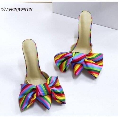 Colorful bow stiletto high-heeled slippers summer sweet and gentle pointed toe fairy style Muller half slippers