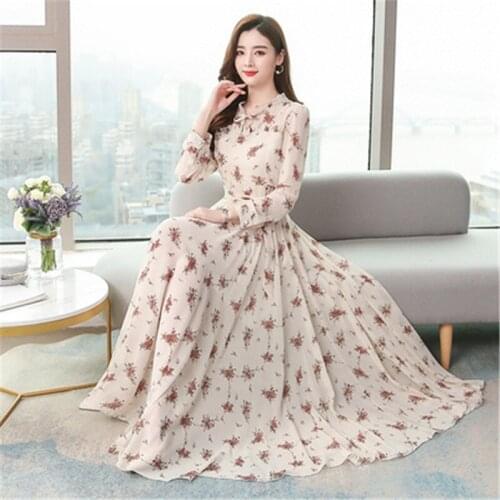 2020 chiffon dress the new retro large size waist was tall thin super long long printed fairy long sleeved Vestidos