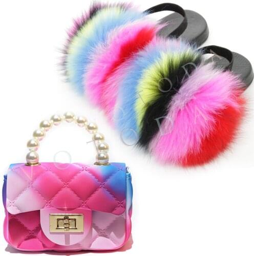 Kids Fur Slippers Jelly Purse Set Toddler Fur Flip Flop Baby Furry Fox Fur Slides With Strap Children Fluffy Raccoon Fur Slip On