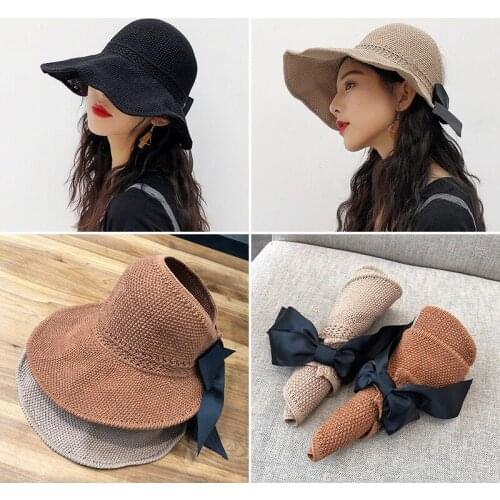 Summer Female Sun Hats Big Brim Classic Bowknot Foldable Fashion Straw Hat Casual Outdoor Beach Cap for Women UV Protected Hat