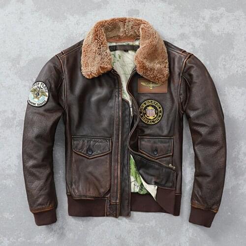 Vintage Distressed Men Leather Jacket Quilted Fur Collar 100% Calfskin Flight Jacket Mens Leather Jacket Man Winter Coat