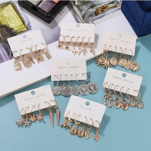 Vintage Gold Stud Earrings Set for Women Geometric Eyes Cross Star Punk Earrings Boho Female Jewelry Accessories