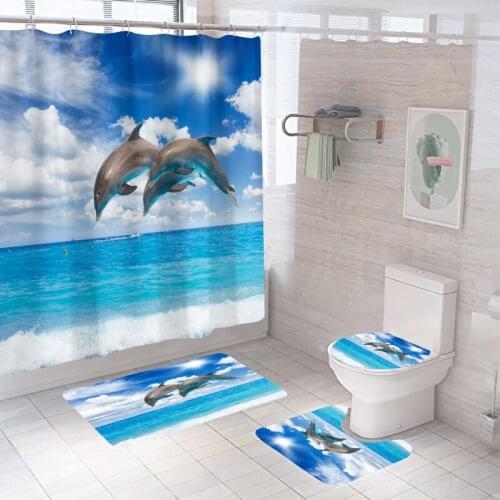 Waterproof Bath Shower Curtain Sets Toilet Seat Cover Non-Slip Bath Mat Rug Carpet Set Bathroom Decor Polyester Fabric Washable