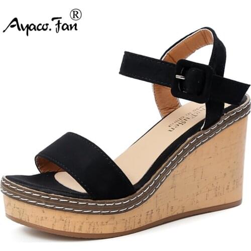 Women Summer Wedge Sandals 2019 New Female Fish Mouth Flock High Heels Open Toe Platform Shoes Lady Sexy Buckle Slope Sandals