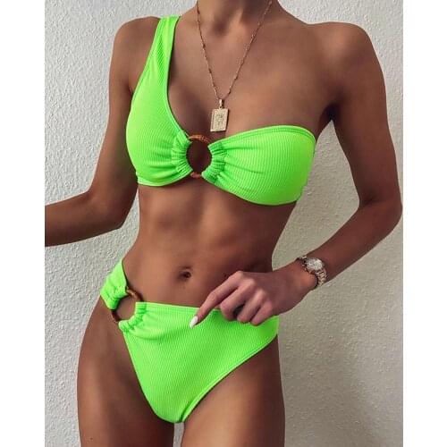 One Shoulder Mid Waist Bikini Women Ring Swimwear Female Swimsuit Two-pieces Bikini set Bather Bathing Suit Swim Lady