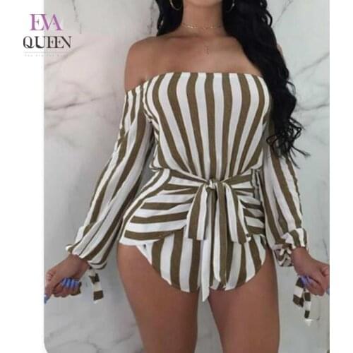 EvaQueen Striped Sashes Soft Date Bodysuit For Women High Waist Bow Tie Summer Overalls Backless Off Shoulder Sexy Beach Rompers