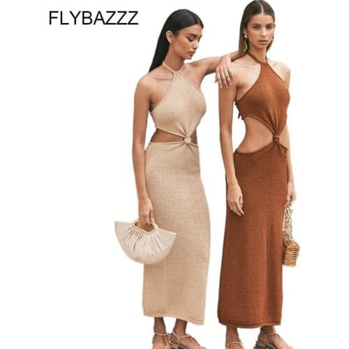 2021 Womens Dress Knitted Halter Backless Cut Waist Slim Maxi Dresses Summer Sexy Bandage Beach Cover Ups Swimsuits Beachwear