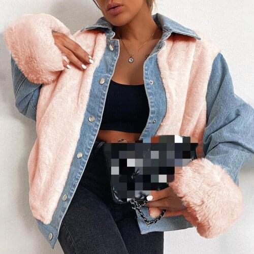 Winter Denim Patchwork Velvet Women Coat Warm Black Single Breasted Female Coats 2021 New Fashion Streetwear Ladies Outerwear