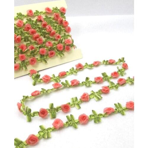 2 Yards Woven Rococo Ribbon Trim with Pink Rose Flower Buds|Decorative Floral Ribbon|Scrapbook Materials|Clothing|Decor