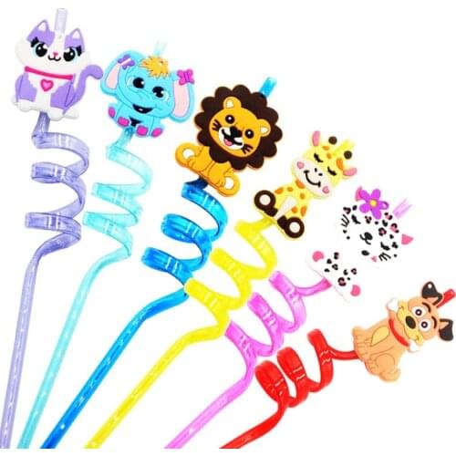 8pcs 25cm Plastic Drinking Straw Reusable Animal traws Giraffes Cat Tiger Dog For Kids Jungle Safari Birthday Party Decorations
