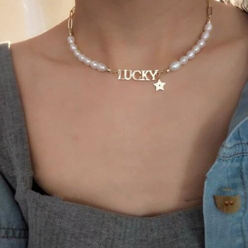 Metal Lucky Letter Pendant Pearl star Choker Necklace for Women girl fashion Choker Collar Punk Neck Chain women Fashion Jewelry
