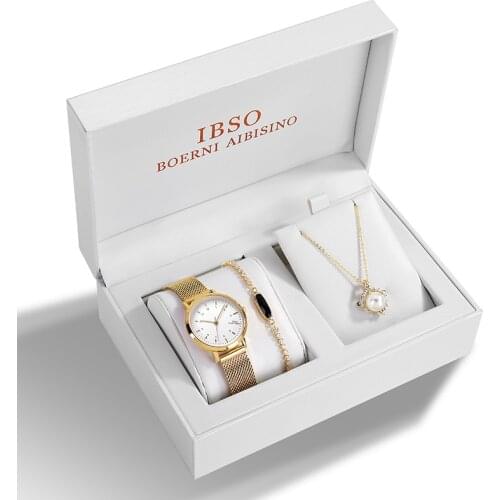 IBSO Watches Women Fashion 2021 3pcs Set Luxury Gold Stainless Steel Mesh Watch Zircon Bracelet Ladies Japan Quartz Wrist Watch