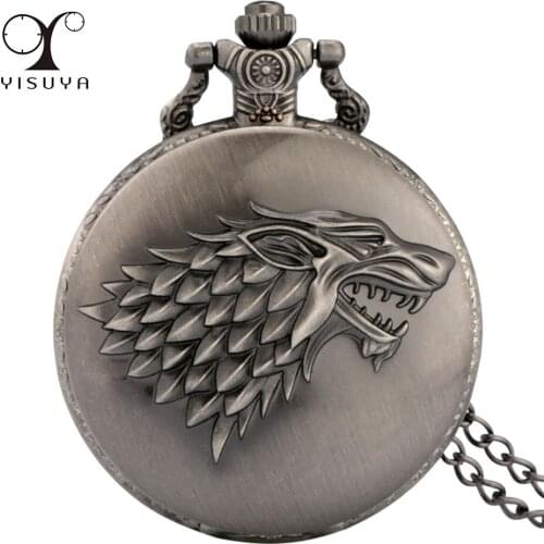 Grey Black Ice Wolf Design Quartz Pocket Watch Cool Retro Pendant Clock Men Women Kids Sweater Necklace Antique Watches