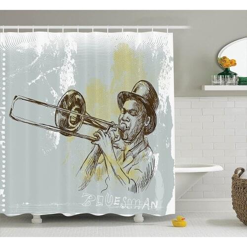 Jazz Music Shower Curtain Trumpet Player Illustration Rock and Roll Party Classic Artful Home Decoration Bathroom Decor Curtains