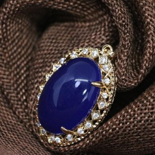 Hot sale blue oval pendant imitation beeswax synthetic lvor flossy Tibet gold-color fit for diy necklace jewelry 28*37mm B1842