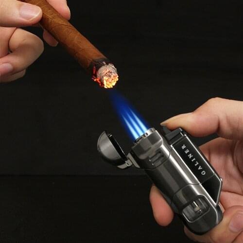 GALINER Metal Pocket Cigar Lighter Windproof Luxury 3 Blue Torch Jet Fire Windproof Cigar Lighter Classic Refillable