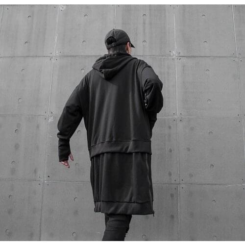 Rock Punk Extra long hoodie jacket men with Hood Black Loose High street Sweatshirt coat Zippers Autumn Winter 95 Cotton