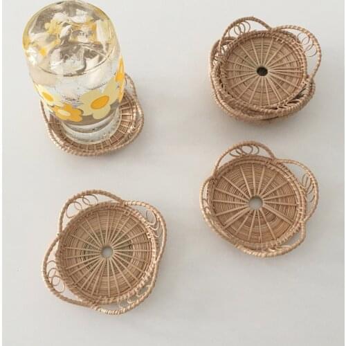 Natural Rattan Coaster Hand-Woven Bowl Mat Heat Insulation Placemat Wicker Table Mat Kitchen Decoration