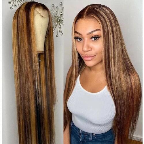 Straight Highlight Wig 13x1 Lace Part Human Hair Wig 4/27# Brazilian Remy hair Long Wigs T Part Lace Wig For Women Pre Plucked
