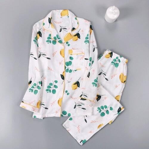 Japanese Spring/Summer New Womens Pyjamas Pure Cotton Gauze Soft Long Sleeve Fresh Sleepwear Set Womens Comfortable Home Wear