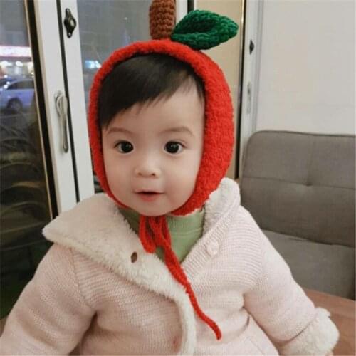 Baby Hat Cute Apple Shaped Hat Infant Hand-woven Ear Caps Toddler Kids Boys Girls Beanies Headdress Childrens Christmas Gift