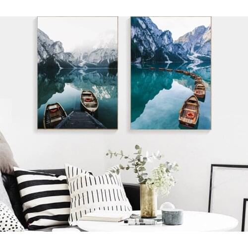 Scandinavian Nature Landscape Wall Art Poster Mountain Lake Boat Print Nordic Painting Decorative Picture Modern Home Decoration
