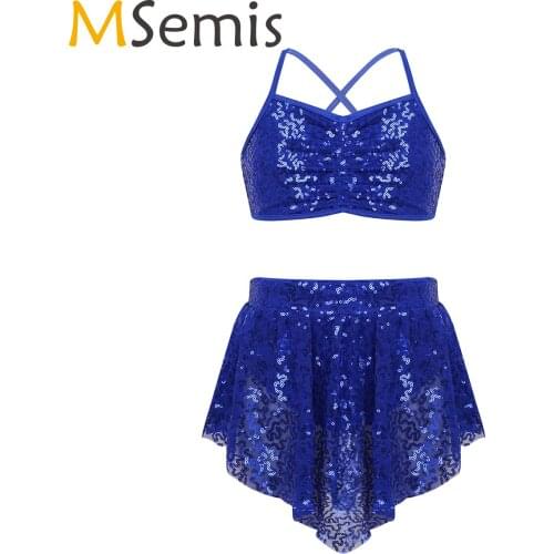 MSemis Girls Sequins Ballet Modern Contemporary Lyrical Dance Costumes Set Cirss Cross Crop Top Tutu Ballet Asymmetrical Skirt