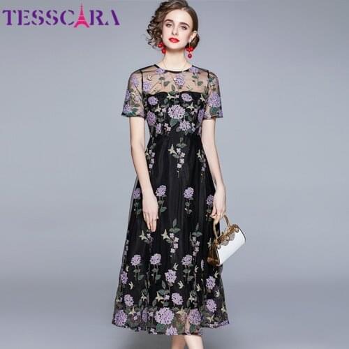 TESSCARA Women Summer Luxury Embroidery Mesh Dress Festa High Quality Long Wedding Party Robe Femme Floral Designer Vestidos