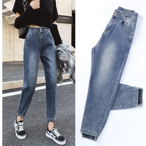 Thin Loose Hole Elastic Waist Jeans Women nine-point Pants Oversized S-XL Nine Points Long Jeans For Ladies