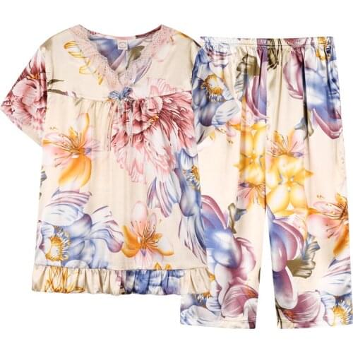 V-Neck Women Sleepwear New Arrivals Lace Silk Pajamas 2 Pieces/Set Summer Home Clothes For Women Homewear Plus Size M-3XL