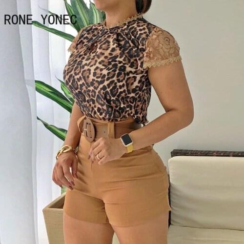 Women Elegant Leopard Print Keyhole Lace Trim Short Sleeve & Shorts Set Casual Set Vacation Set 2021
