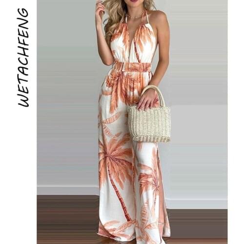2021 Fashion Womens Jumpsuits Summer Sexy Beach V Neck Backless High Waist Long Pants Rompers Outfits Overalls Plus Size Clothes