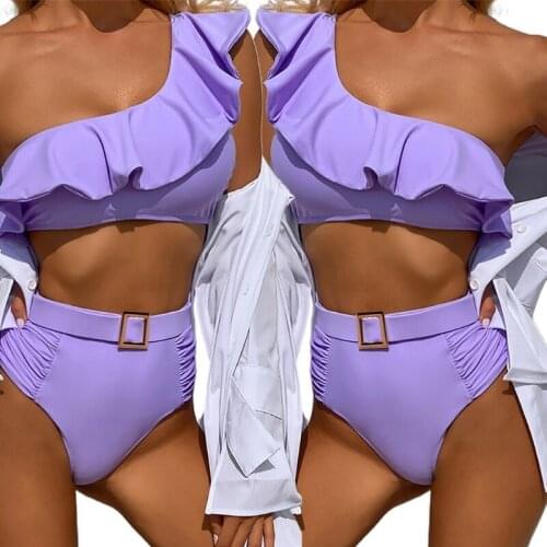 Women Sexy 2pcs Bikini Set One Shoulder Ruffles Crop Top High Waist Buckle Belt Thong Swimsuit Solid Color Bathing Suit